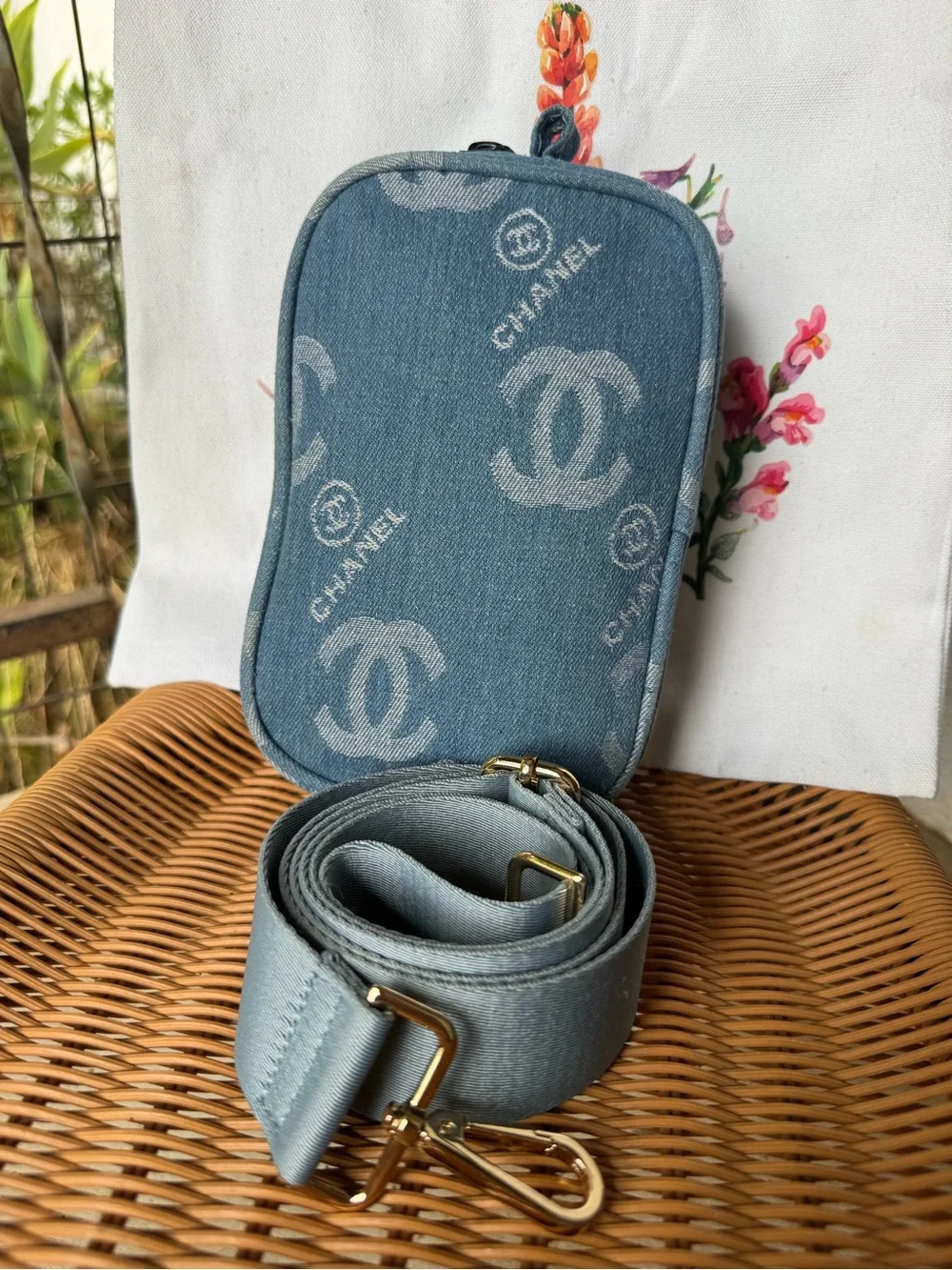 CHANEL Light Blue Denim Logo Canvas Beaute pouch/crossbody.